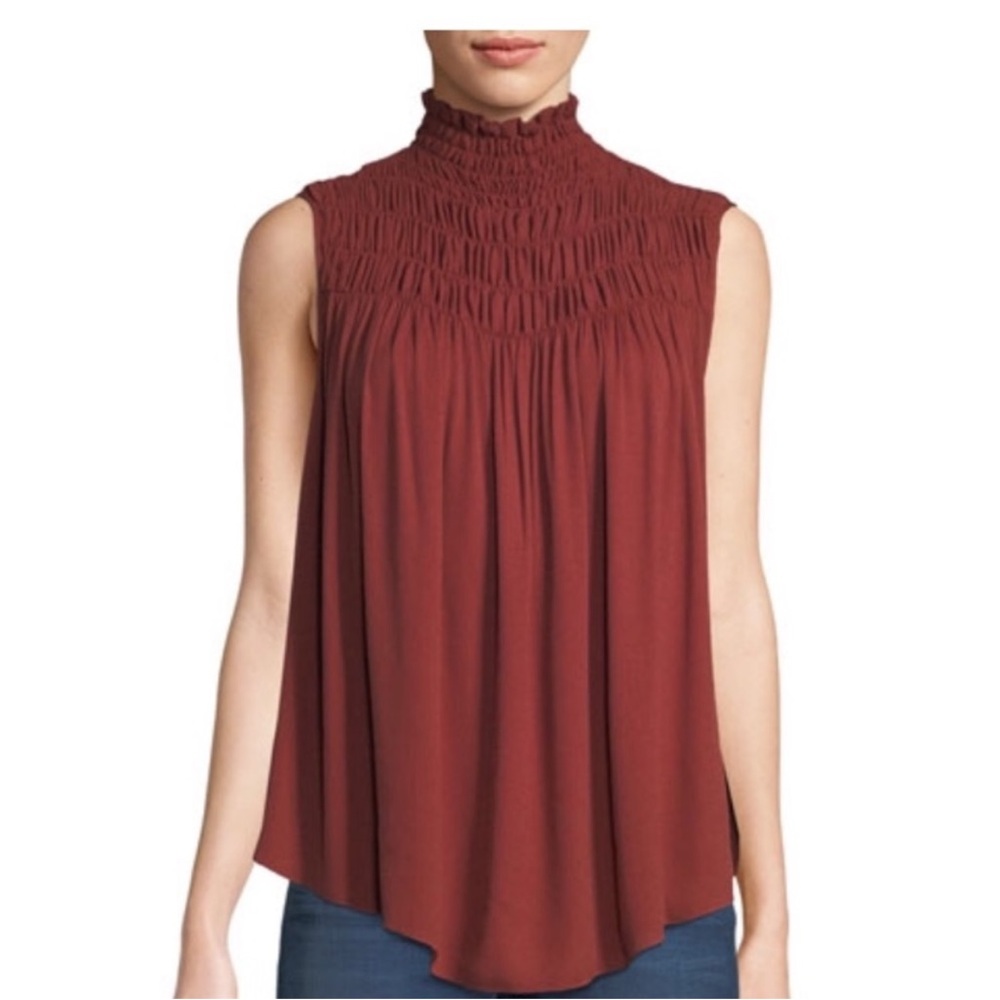 Frame Denim Sleeveless Smocked Blouse - Deep Red